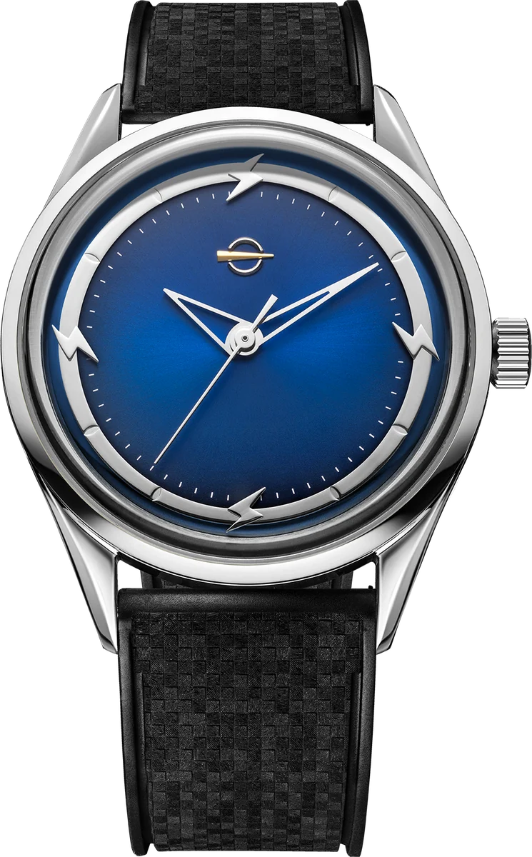 ELECTRA Manhattan Blue, smoked blue sunray dial with lightning-bolt indexes, on a black mosaic strap